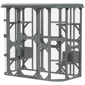 Catio Outdoor Cat Enclosure, 71" Wooden Cat House with Platforms, Condos and Waterproof Cover for 2–3 Kittens, Grey