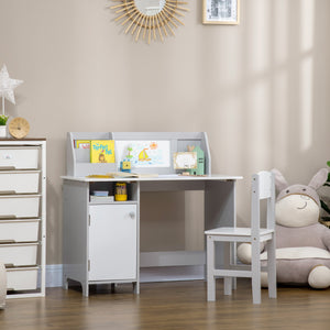 Qaba 2Pcs Kids Desk and Chair Set with Whiteboard, Storage, Shelves