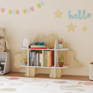 Qaba Dinosaur Themed Kids Bookshelf, 2 Tier Kids Bookcase, for Playroom, Bedroom, Living Room, Kids Room, Natural
