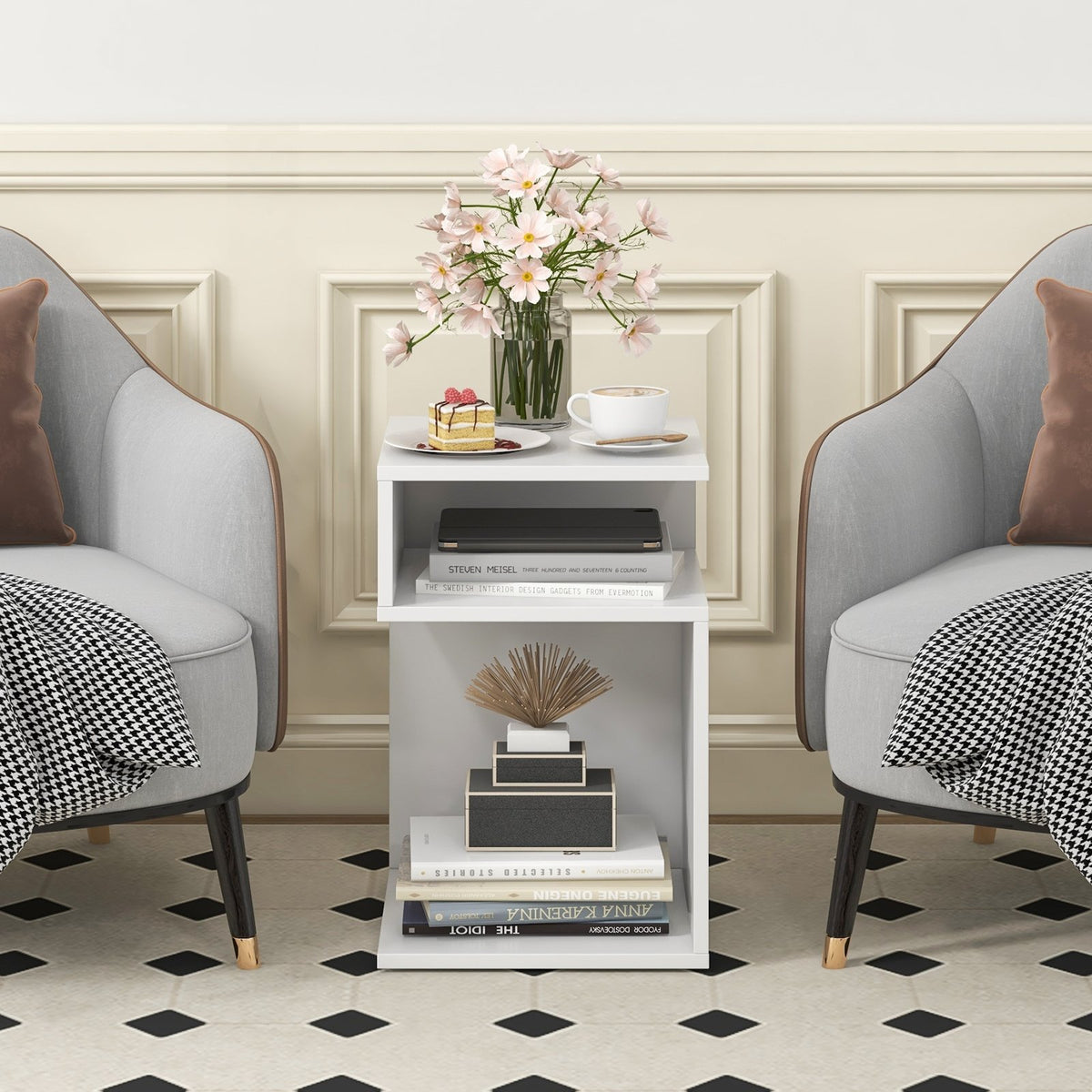 S-Shaped Side Table with Unique S-shaped Frame and 2 Open Compartments-White view 2
