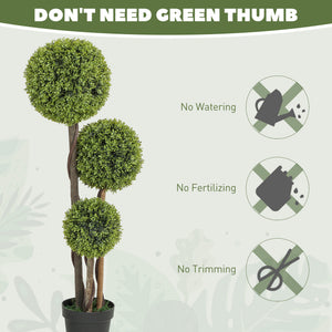 45 Inch Potted Fake Plant Set of 2, Artificial Boxwood Topiary Tree, Triple Ball Tree for Indoor and Outdoor, Green