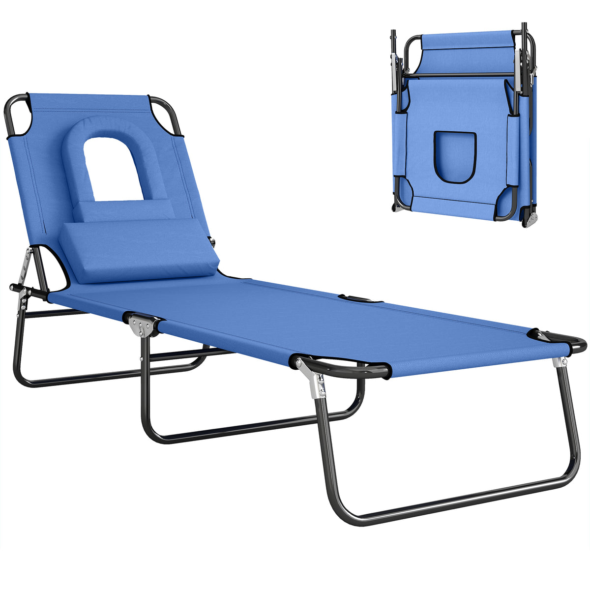 Folding Chaise Lounge Chair, Reclining Beach Tanning Chair with Face Hole, Pillow – view 2