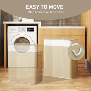 Double Laundry Basket with Lid, 100L Bamboo Laundry Hamper with Rope Handles and Removable Bags, Brown – view 12
