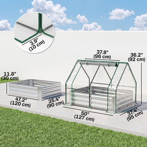 Steel Outdoor Raised Garden Bed with Greenhouse,Cover, Roll Up Door, Dual Use, 50"x37.4"x36.2", Clear
