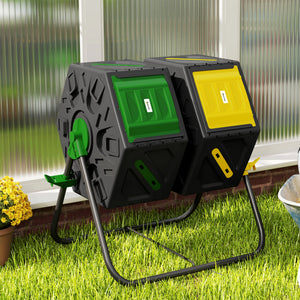 Rotating Composter, Dual Chamber Compost Bin with 24 Vents and Steel Legs, 34.5 Gallon, Brown