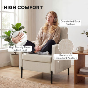 Accent Chair Modern Upholstered Armchair with Side Pockets and Cushion for Bedroom, Living Room, Beige – view 3