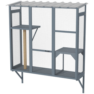 Wooden Catio Outdoor, Cat Window Box Enclosure for 2-3 Large Cats with 2 Jumping Platforms & Scratching