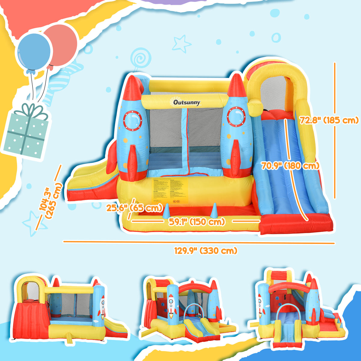 Bounce Castle Inflatable Trampoline Slide Pool Rocket Design 11.14' x 9.18' x 6.06'
