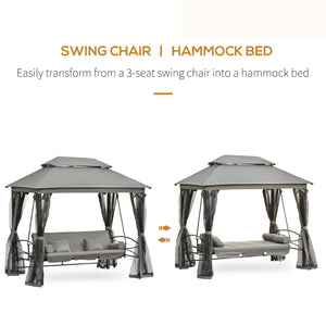 3 Person Outdoor Patio Daybed, 3 in 1 Canopy Gazebo Swing Chair Garden Hammock with Sun Shade, Mesh Mosquito and Net, Dark Grey