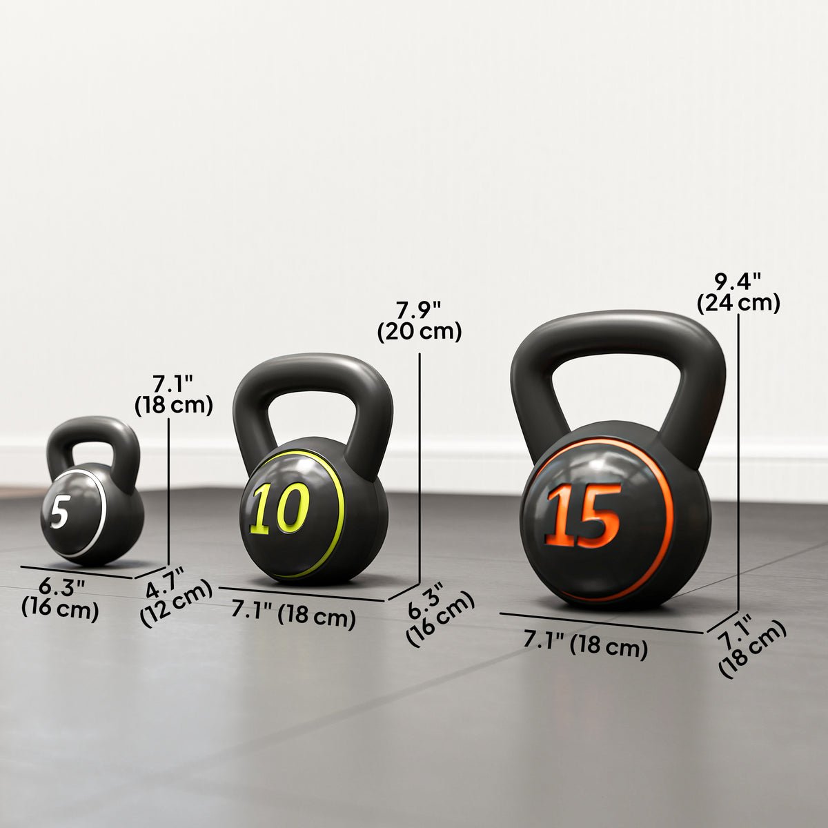 Soozier Three-Piece Kettlebell Set Weights with Storage Stand for Home Gym Weight Lifting Training, 5lbs, 10lbs, 15lbs (2.2kg, 4.5kg, 6.8kg)
