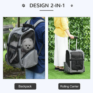 2-IN-1 Pet Luggage Box Backpack Carrier Cats Dogs w/ Handle, Rolling Wheel Grey – view 3
