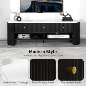 TV Stand, Modern TV Table with Marble-Effect Top, 3 Drawers and 2 Open Shelves for 32-65 Inch Television, Natural