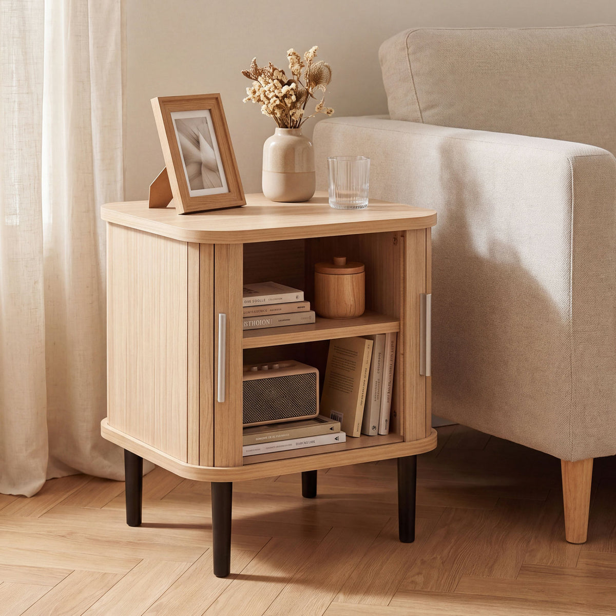 Set of 1 Fluted Nightstand with Sliding Doors and Adjustable Shelf for Small Spaces-Natural view 2