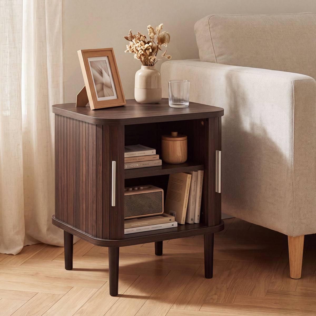 Set of 1 Fluted Nightstand with Sliding Doors and Adjustable Shelf for Small Spaces-Walnut view 2