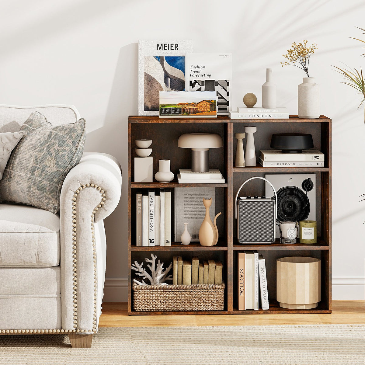 Set of 2 3-Tier Cube Bookcase with Adjustable Shelves for Home Office-Rustic Brown view 2