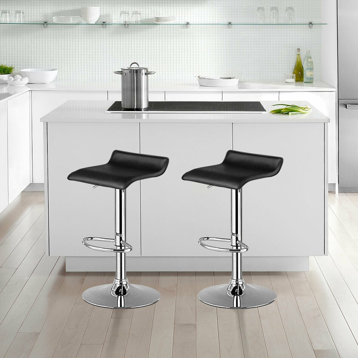 Set of 2 Adjustable PU Leather Backless Bar Stools-Black view 2