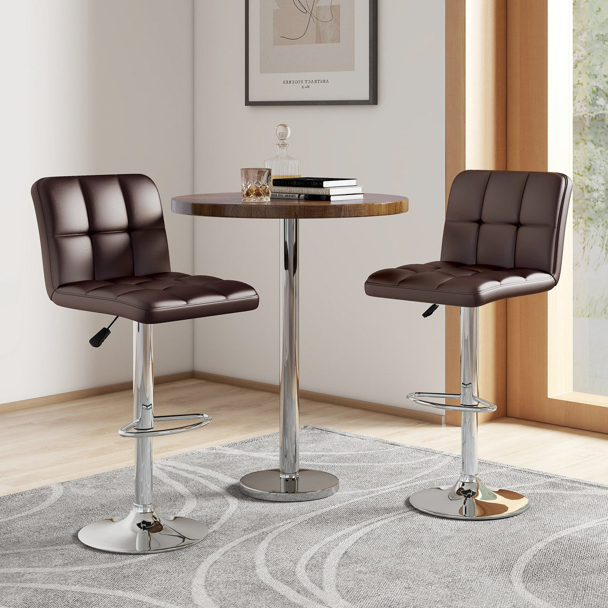 Set of 2 Square Swivel Adjustable PU Leather Bar Stools with Back and Footrest-Coffee view 2