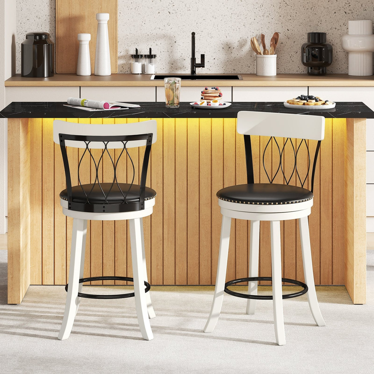 Set of 2 Bar Stools Swivel Bar Chairs with Footrest Rubber Wood Frame and Tufted Rivets-26 inches view 2