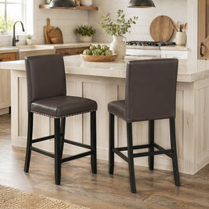 Set of 2 Bar Stools with Back for Kitchen Island-Brown view 2