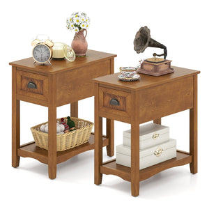 Set of 2 Contemporary Side End Table with Drawer-Natural