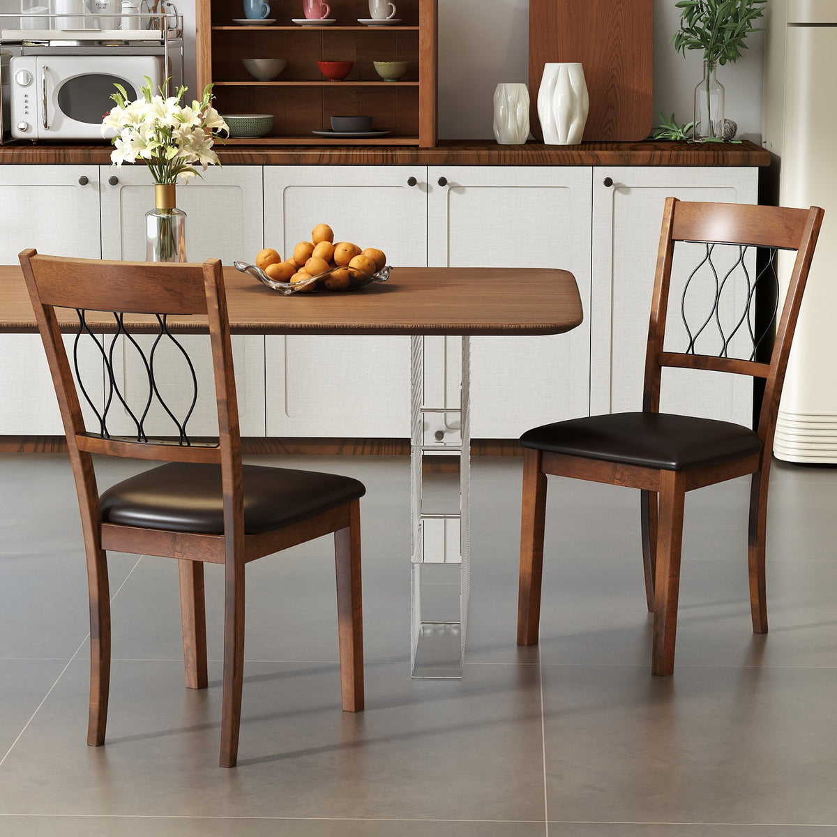 Set of 2 Dining Chair Fabric/Faux Leather Upholstered with Padded Seat-Walnut view 2