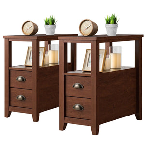 Set of 2 End Table Wooden with 2 Drawer & Shelf Bedside Table-Brown view 4