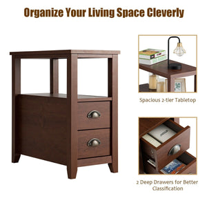 Set of 2 End Table Wooden with 2 Drawer & Shelf Bedside Table-Brown view 7