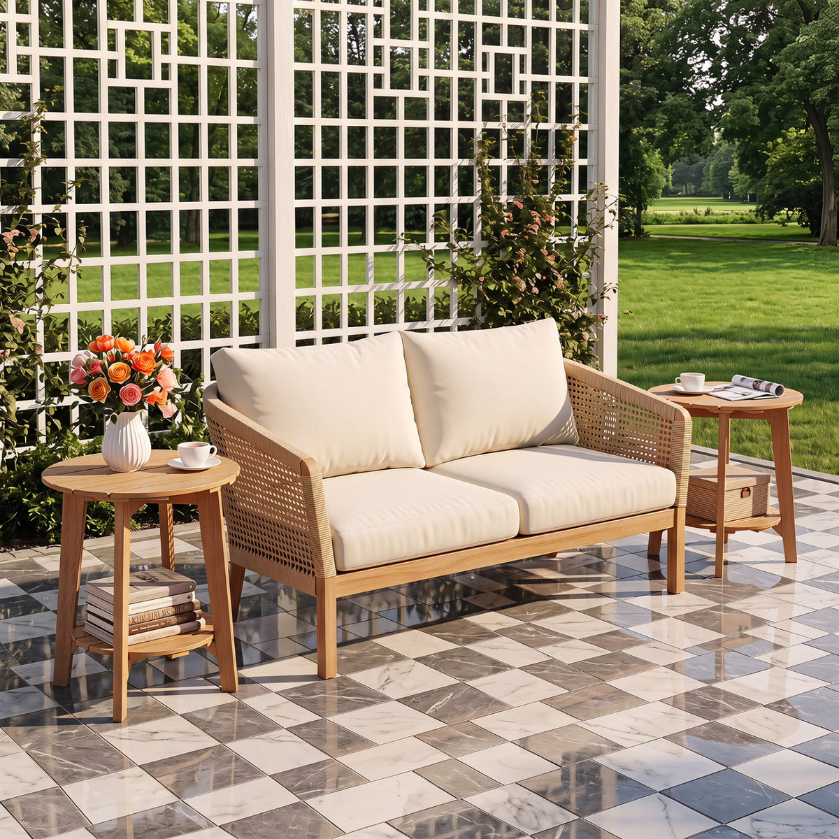 Set of 2 Eucalyptus Wood Side Table 2-Tier with Slatted Tabletop and Storage Shelf for Outdoor-Natural view 2