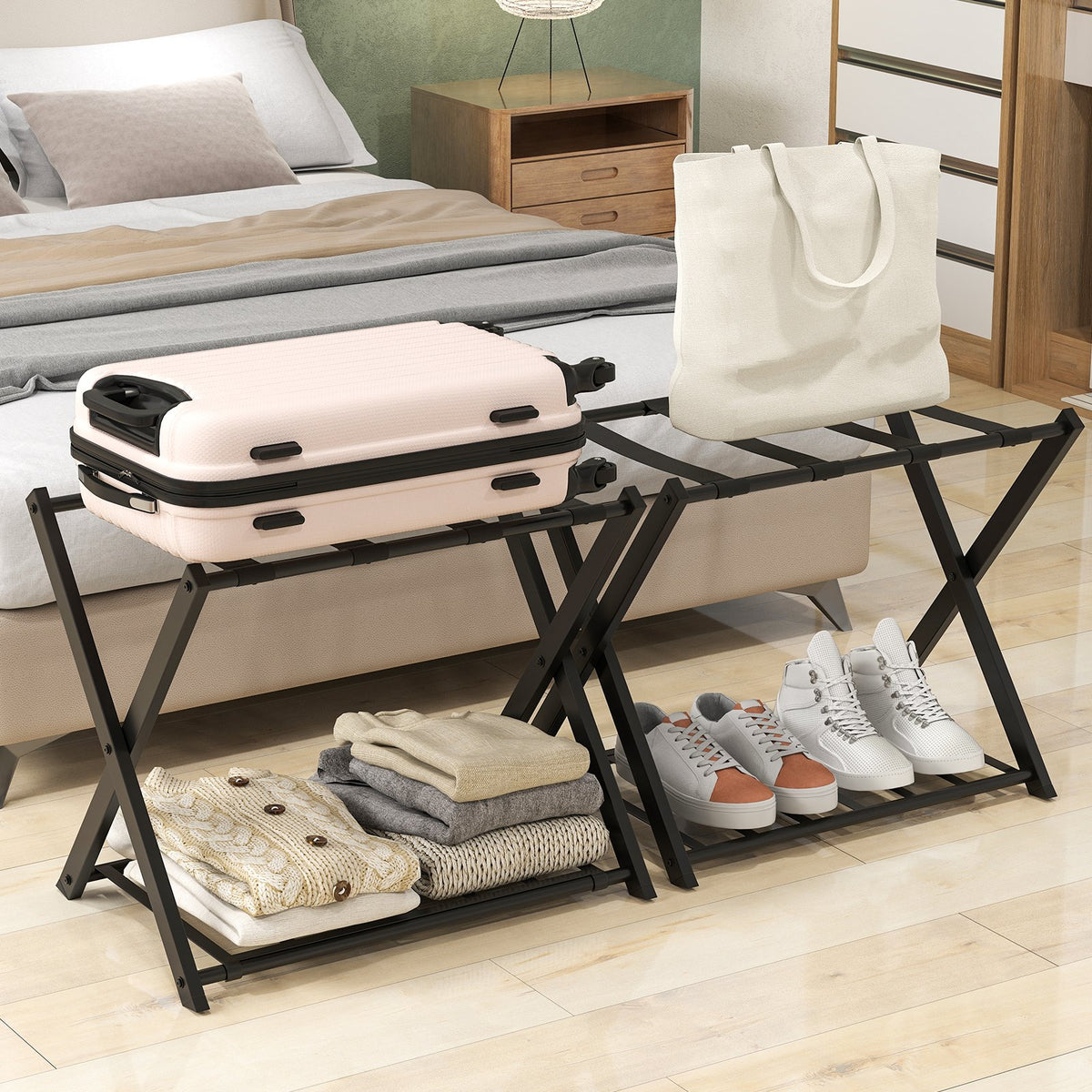 Set of 2 Folding Metal Luggage Rack Suitcase-Black view 2