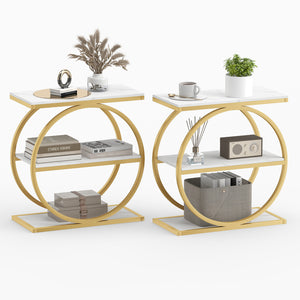 Set of 2 Industrial Faux Marble Side Table with Metal Frame for Small Spaces-White view 3