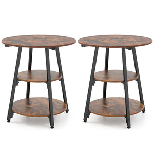 Set of 2 Industrial Side Tables with 3-Tier Shelves & Metal Frame for Small Space-Rustic Brown view 3