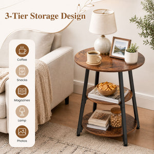 Set of 2 Industrial Side Tables with 3-Tier Shelves & Metal Frame for Small Space-Rustic Brown view 5