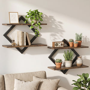 Set of 2 Metal Floating Shelves for Wall with Geometric Frame-Rustic Brown view 2
