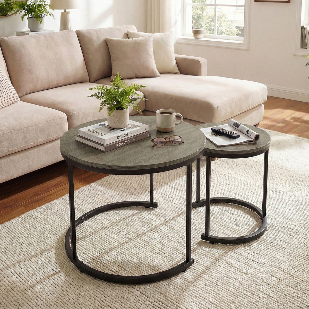 Set of 2 Modern Round Stacking Nesting Coffee Tables-Oak view 2