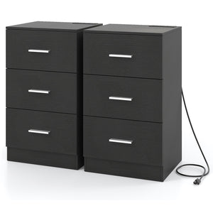 Set of 2 Nightstand with Charging Station End Table with 3 Storage Drawers Bedside Table for Bedroom-Black view 4