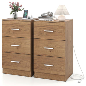 Set of 2 Nightstand with Charging Station End Table with 3 Storage Drawers Bedside Table for Bedroom-Natural