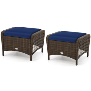 Set of 2 Outdoor Patio PE Wicker Ottomans with Removable Cushions-Navy