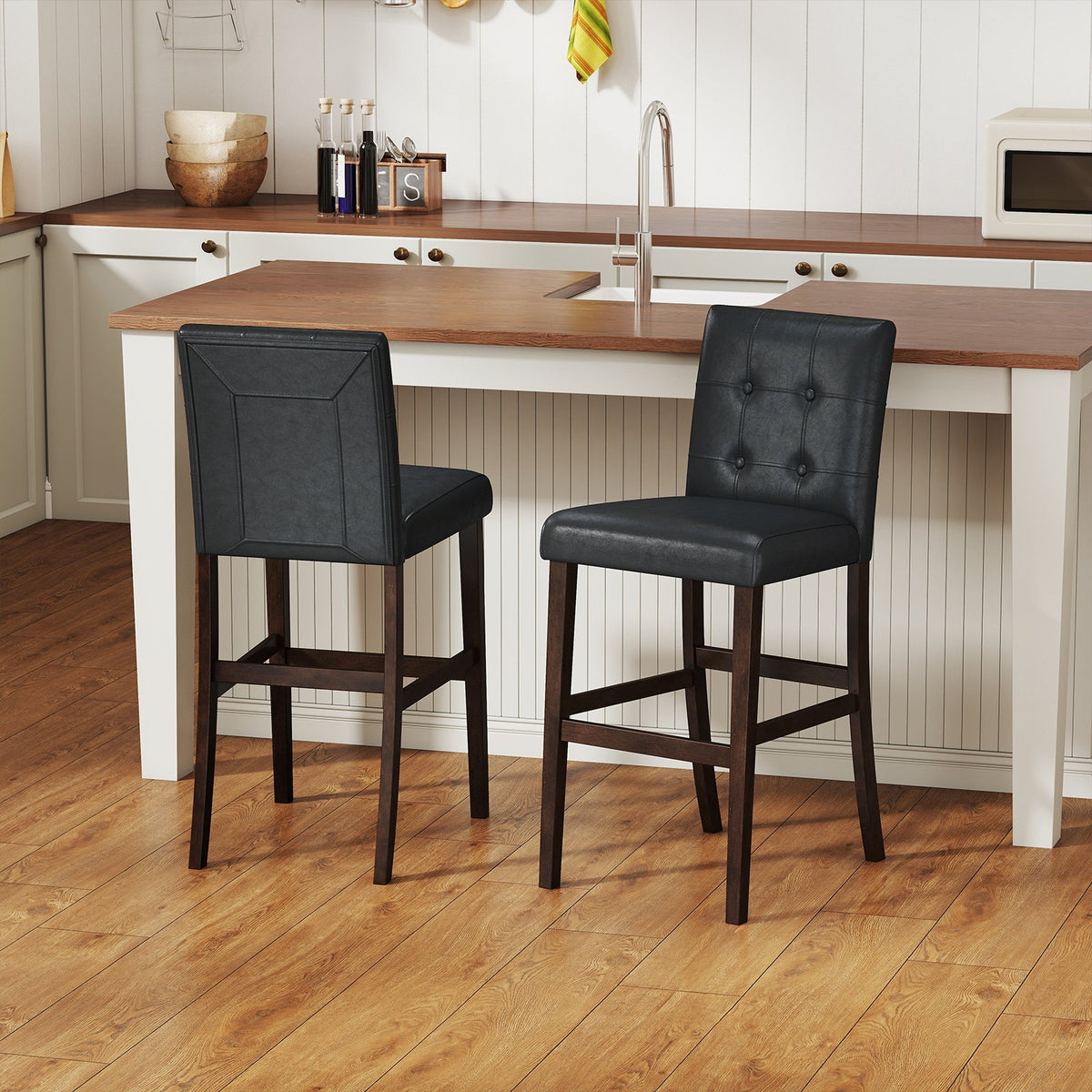 Set of 2 PVC Leather Bar Stools with Solid Wood Legs view 2