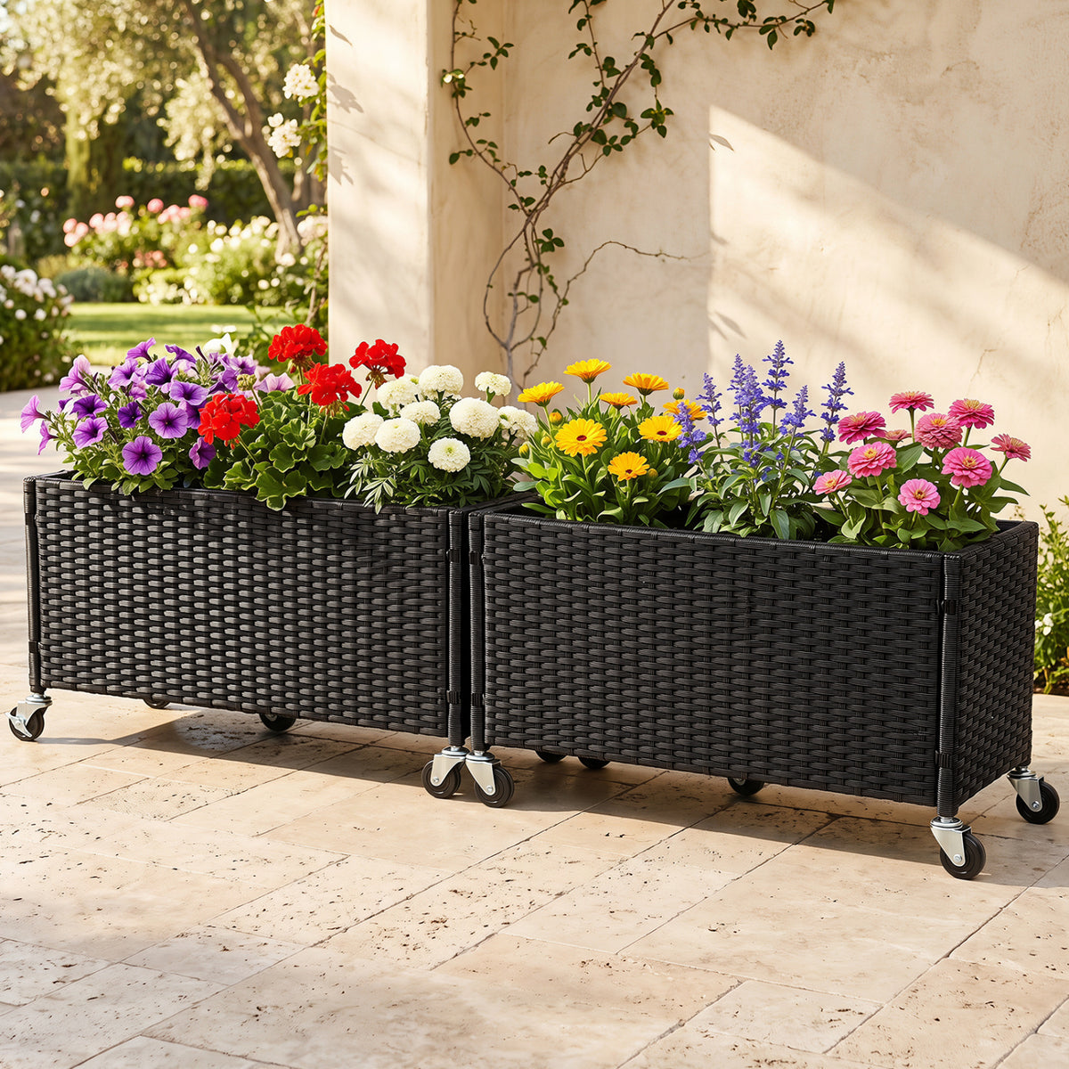 Set of 2 Raised Garden Bed PE Rattan Wicker Patio Planter Box with Liner and Wheels view 2