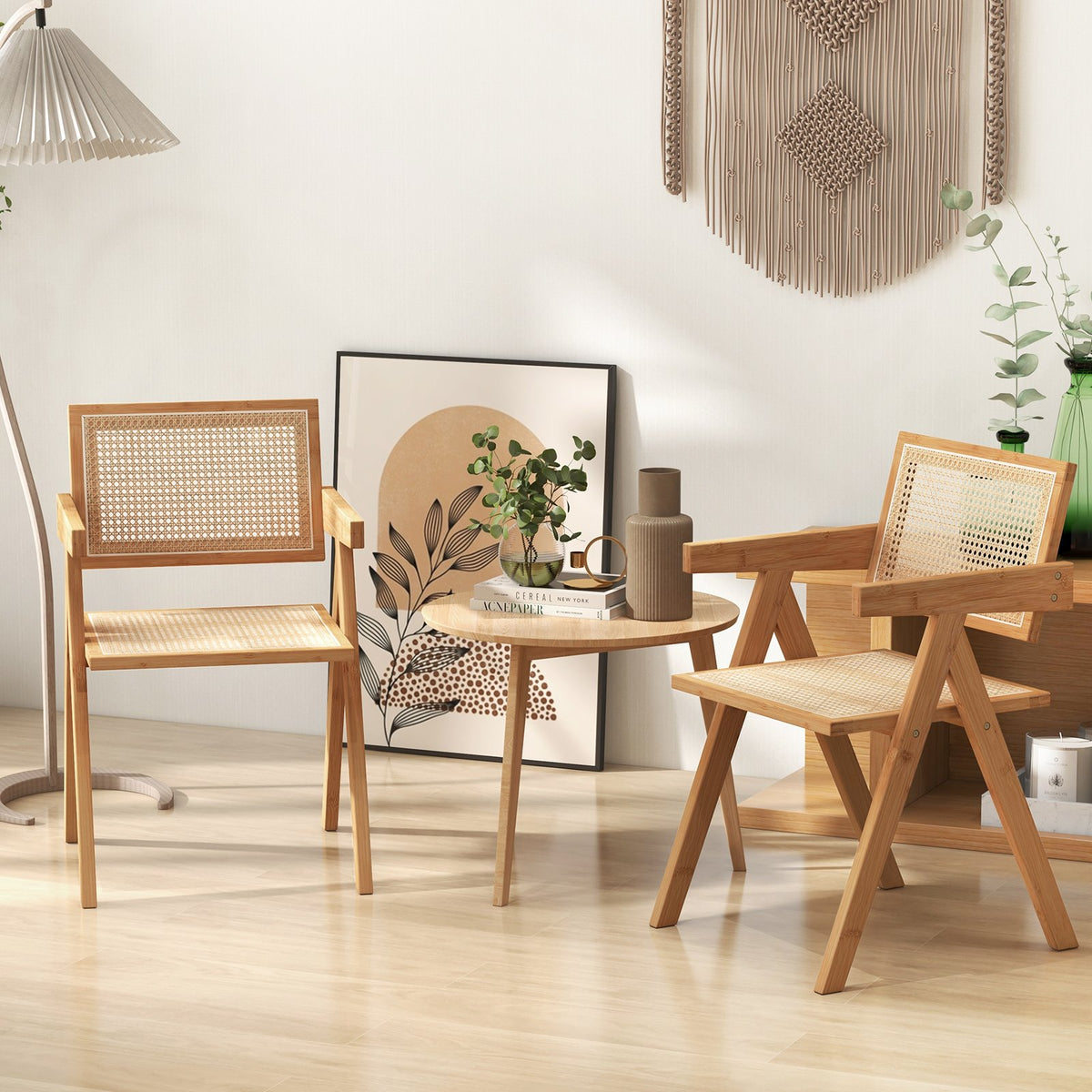 Set of 2 Rattan Accent Chairs with Natural Bamboo Frame-Natural view 2