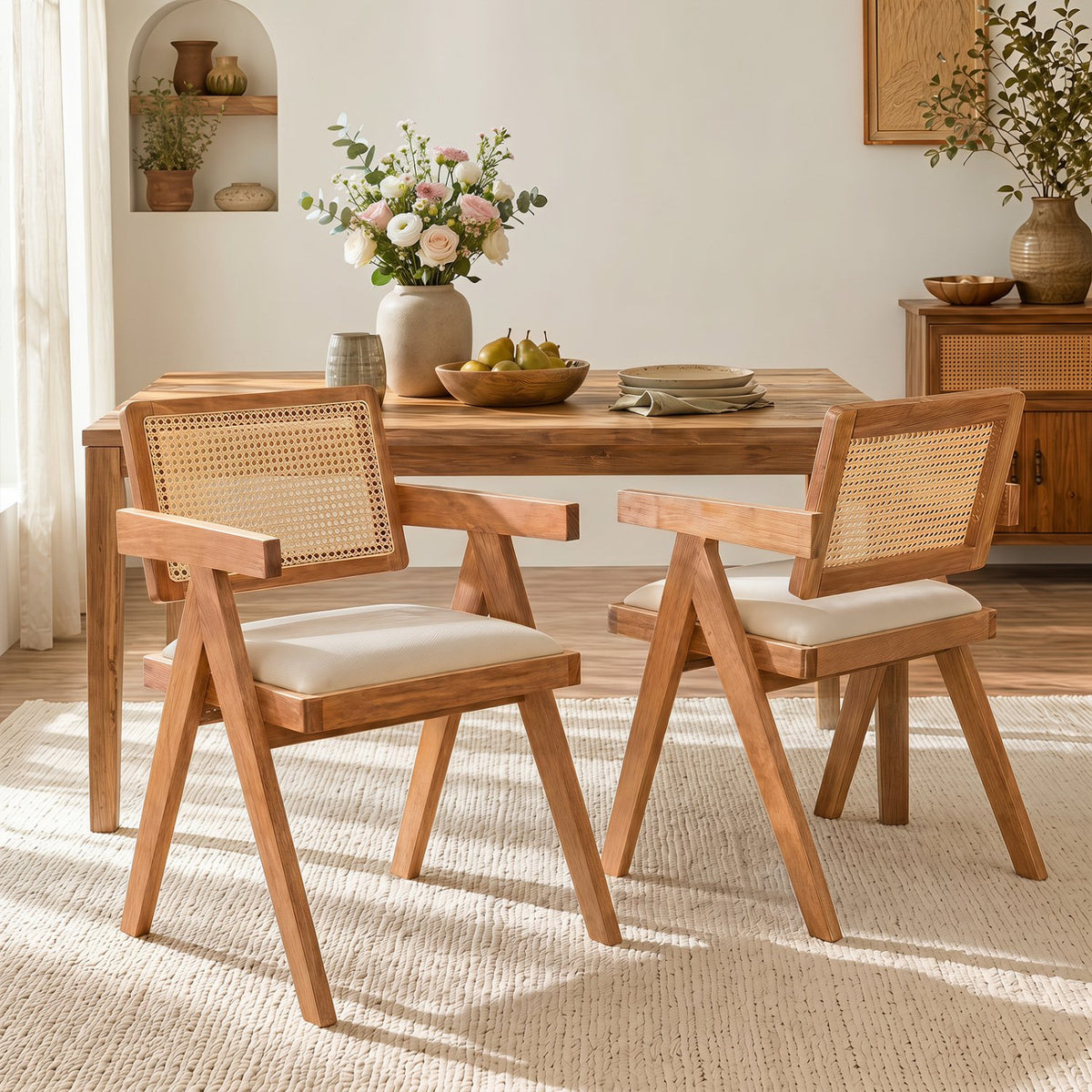 Set of 2 Rattan Accent Chairs with Padded Cushion and Rubber Wood Frame-Beige view 2