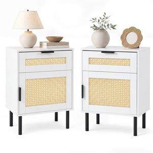 Set of 2 Rattan Nightstand with Drawer and Storage Cabinet for Bedroom Dorm-White view 3