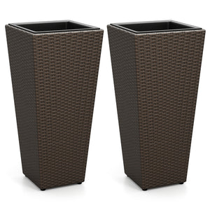 Set of 2 Rattan Tall Plant Pots with Detachable Plastic Liners-Brown