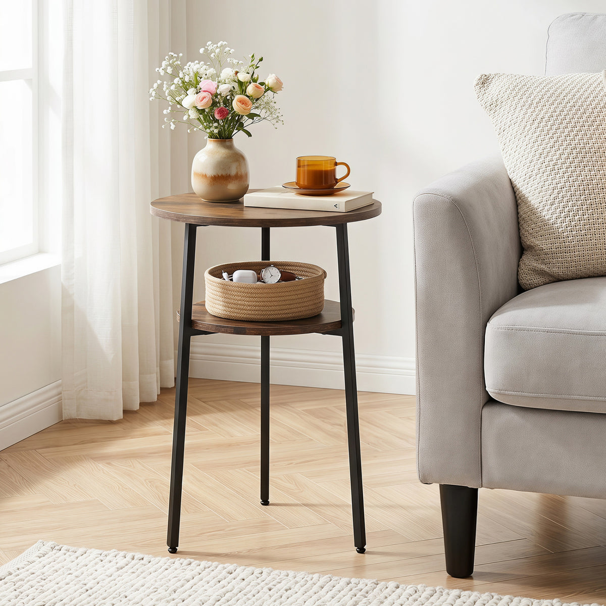 Round Side Table with Storage Shelf & Metal Frame for Living Room-Rustic Brown view 2
