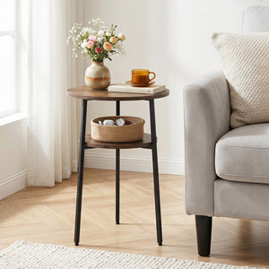 Round Side Table with Storage Shelf & Metal Frame for Living Room-Rustic Brown view 2