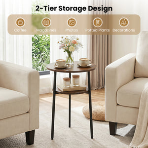 Round Side Table with Storage Shelf & Metal Frame for Living Room-Rustic Brown view 7
