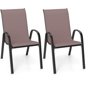 Set of 2 Stackable Patio Dining Chairs Set with Armrest-Brown
