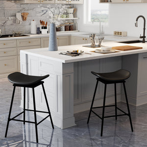 Set of 2 Swivel Barstools Faux Leather Upholstered Backless with Footrest-Black view 2