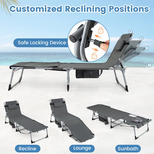 Set of 2 Tanning Chairs with Face Arm Holes Portable with 4-Level Backrest-Gray view 6