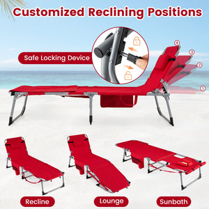 Set of 2 Tanning Chairs with Face Arm Holes Portable with 4-Level Backrest-Red view 6